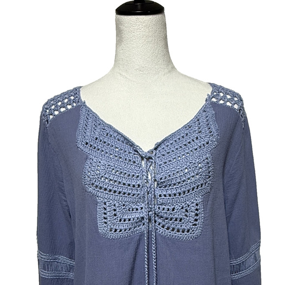 Chicos Top Womens Large 2 Blue Crochet Tasseled Peasant Flowy Beachy Boho - Picture 1 of 10